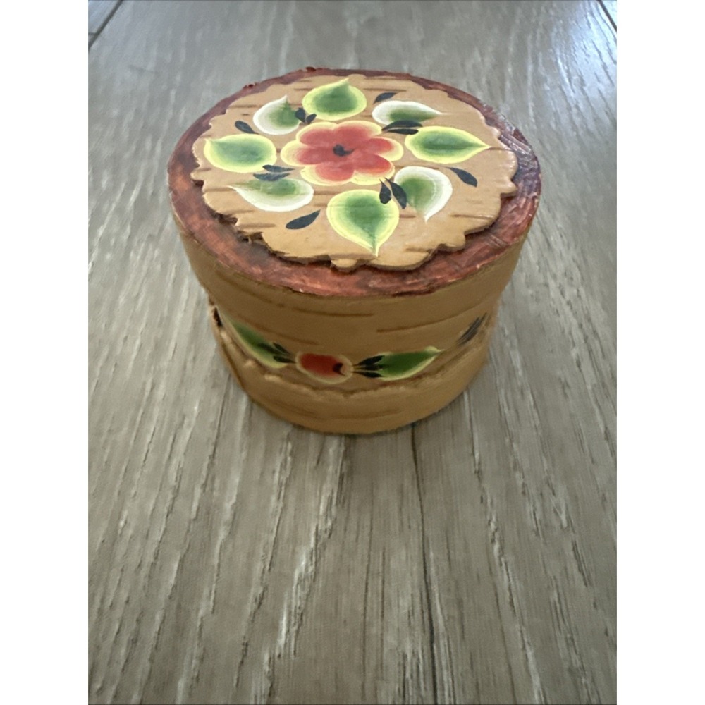 Vintage Wood Hand Painted Band Box Handpainted Floral 2 1/4"